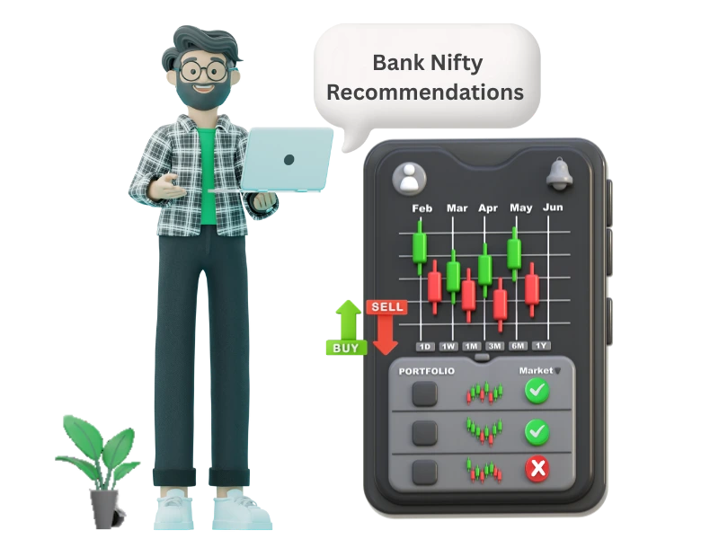 Illustration of a man holding a laptop with a speech bubble saying "Bank Nifty Recommendations" next to a mobile screen showing candlestick charts and buy/sell signals, representing Bank Nifty tips for intraday trading.
