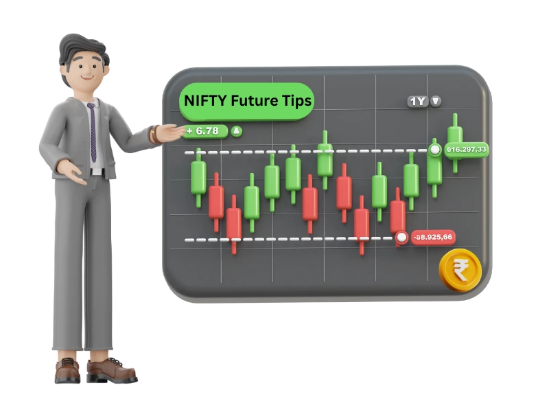 An advisor explaining a candlestick chart showing market rise and fall while discussing Nifty futures tips.