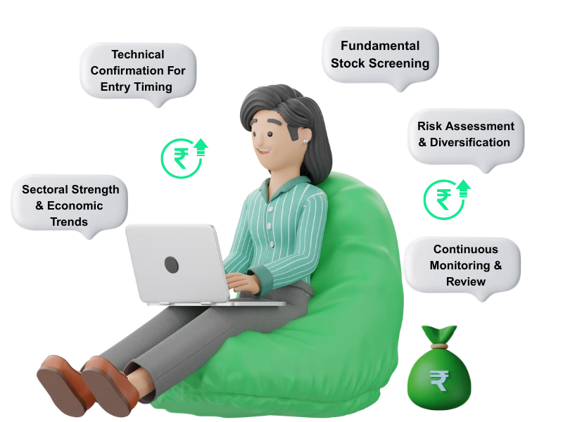 3D illustration of a woman using a laptop surrounded by investment strategies, symbolizing a professional approach to selecting the best long-term stocks.