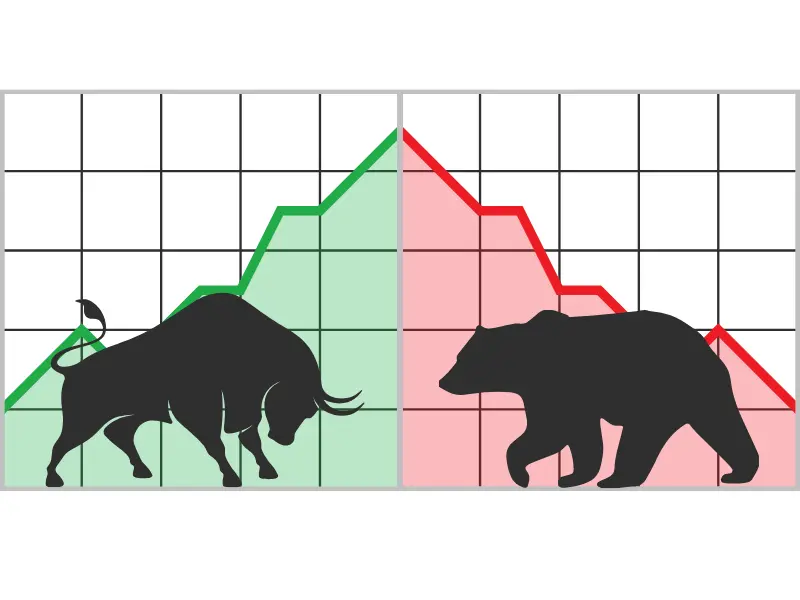 Split graph with a bull in a rising market and bear in a falling market, illustrating how tariffs affect stock market movement.