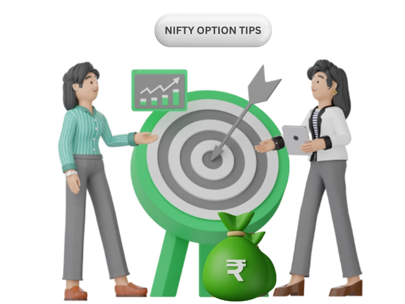 Two advisors discussing Nifty option tips in front of a bullseye target with a dart, financial chart, and money bag symbolizing profits.