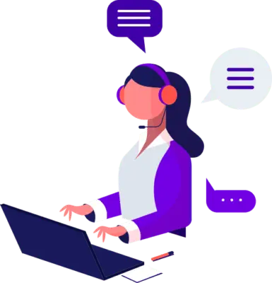 Illustration of a female customer support agent with a headset, working on a laptop and chatting with clients.