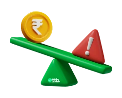 3D seesaw balancing rupee coin and risk icon with The Trade Bond (ttb) logo