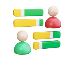 3D illustration of two human icons with colored horizontal bars representing data or communication, symbolizing commodity tips exchange.