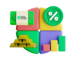 3D graphic of four colored blocks showing TTB-branded cash, a percentage icon, gold bars, and a rising bar chart; The Trade Bond allocates client capital for swing trading by optimizing cash reserves, gold exposure, and position sizing based on swing analysis.