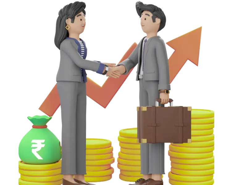 Two business professionals shaking hands in front of rising arrow with coins and money bag symbolizing successful commodity trading tips.