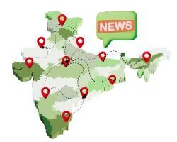 Map of India with location pins and a news icon representing domestic stock market news.