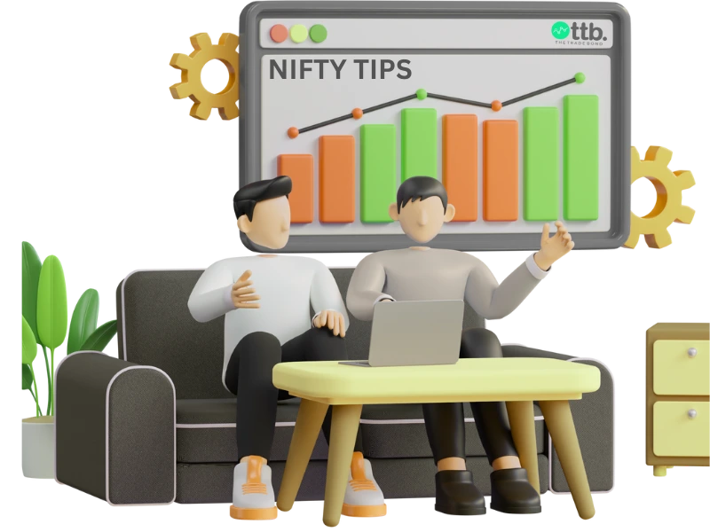 Two people analyzing Nifty tips on a laptop with a bar and line chart in the background.