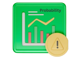 Graph with bars and a line representing overall probability, featuring a warning icon; TTB calculates overall probability using data-driven analysis of market trends and historical performance.