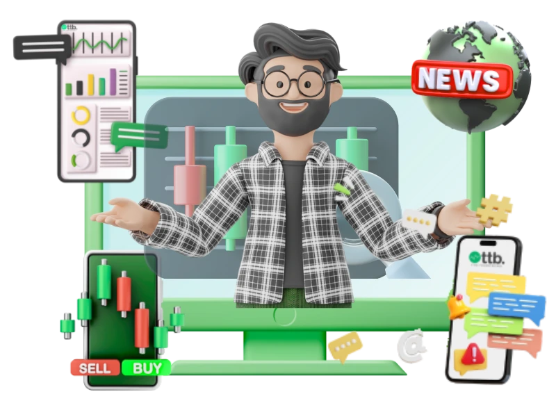 Analysts with candlestick charts and buy/sell indicators; TTB generates stock future tips via technical and macro analysis.