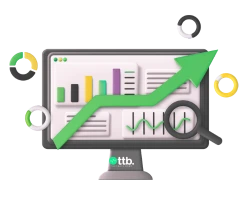 Stock selection strategy illustration with upward trend arrow and analytics dashboard on screen.