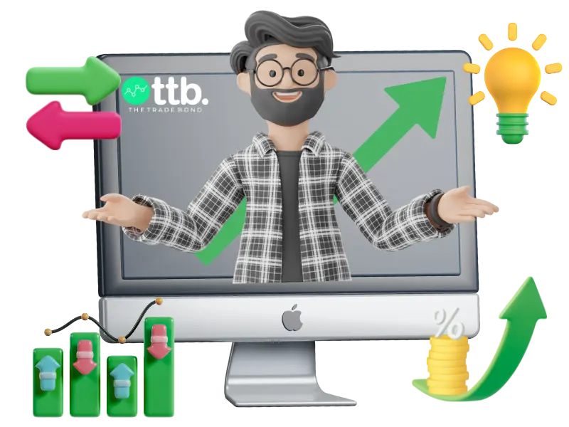 3D illustration of a cheerful man emerging from a computer screen surrounded by upward arrows, light bulb, charts, and financial icons, representing stock market tips by The Trade Bond.
