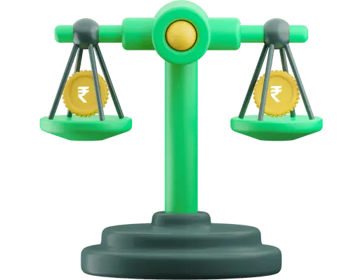 Weighing scale balanced with rupee coins on both sides representing swing trading strategies in the stock market.