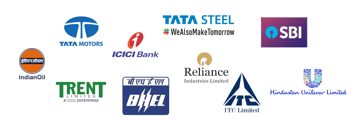 Logos of top Indian companies like Tata Motors, ICICI Bank, SBI, and Reliance are used for intraday trading stock picks.