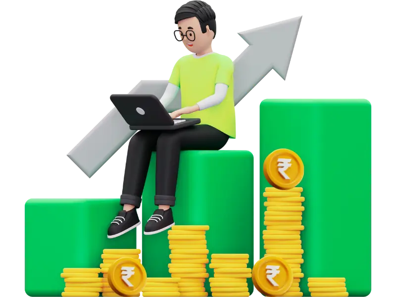 Intraday tips provider working on a laptop with financial charts and money on the desk.