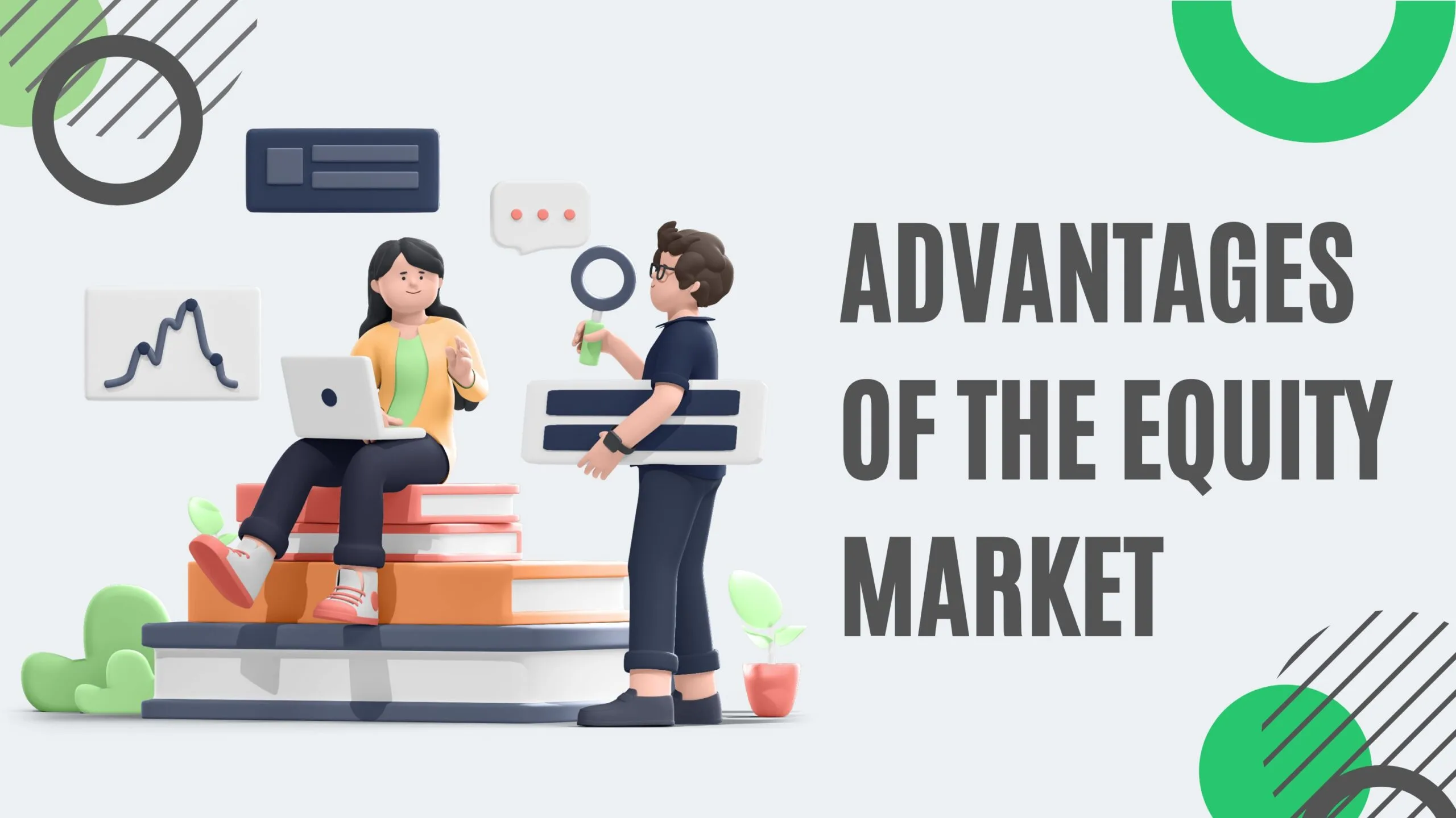 Advantages of equity market explained with two people discussing investment benefits.