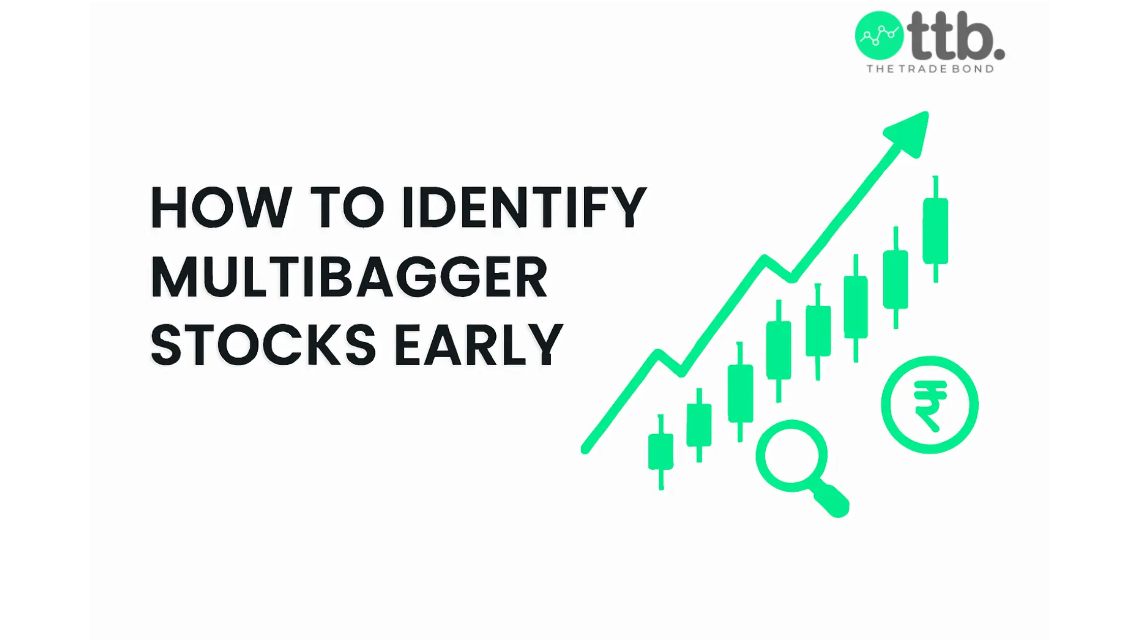 Stock market growth chart with upward arrow and magnifying glass symbolizing how to identify multibagger stocks early.
