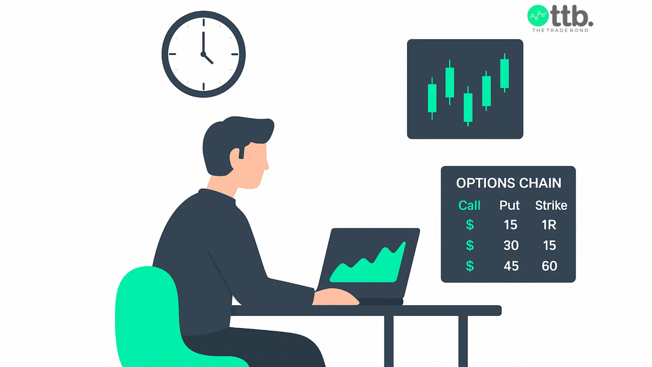 Part-time trader analyzing option trading charts on a laptop with time management concept.