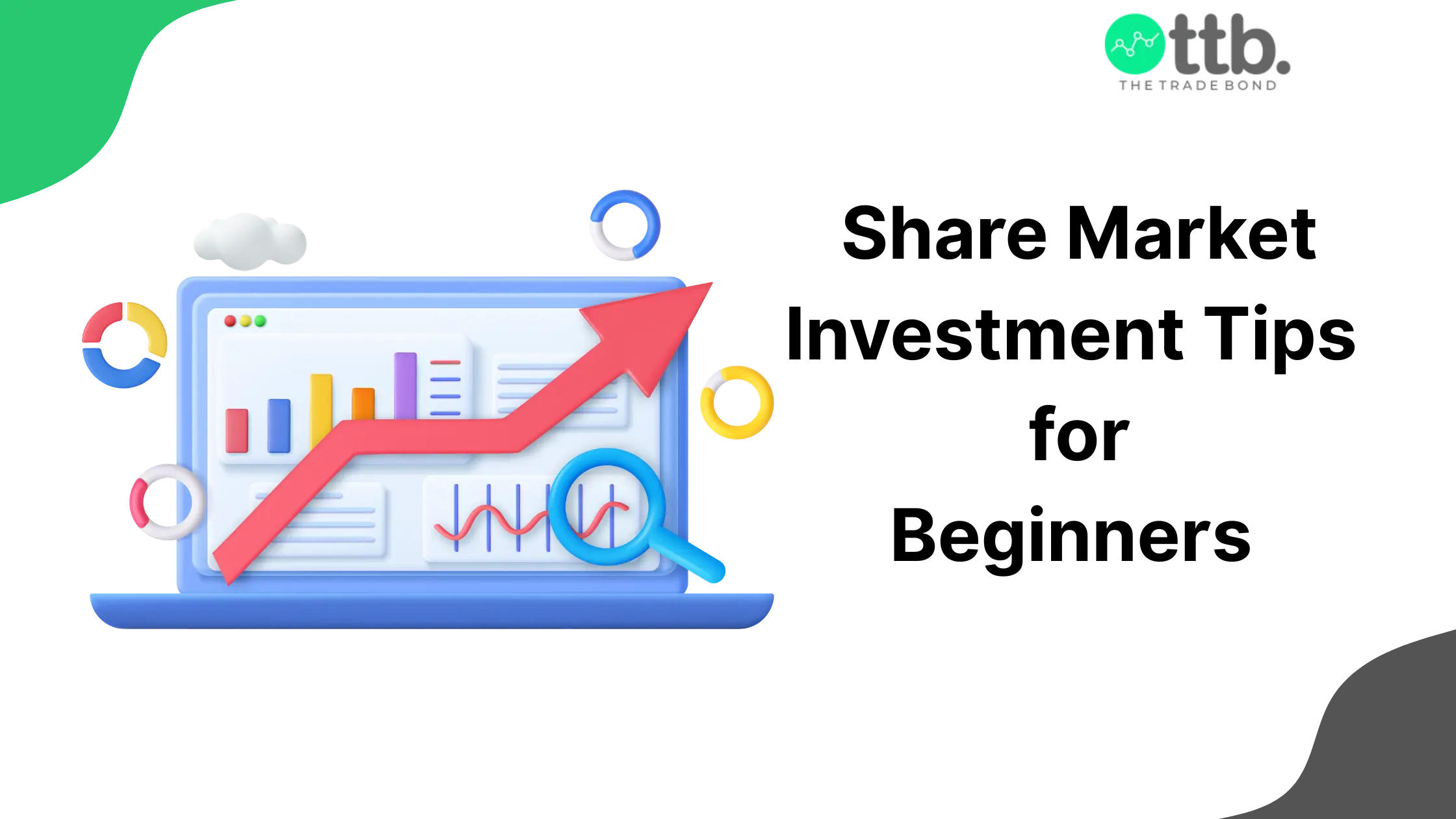 Image shows financial charts, a rising arrow, and a magnifying glass representing share market investment tips.