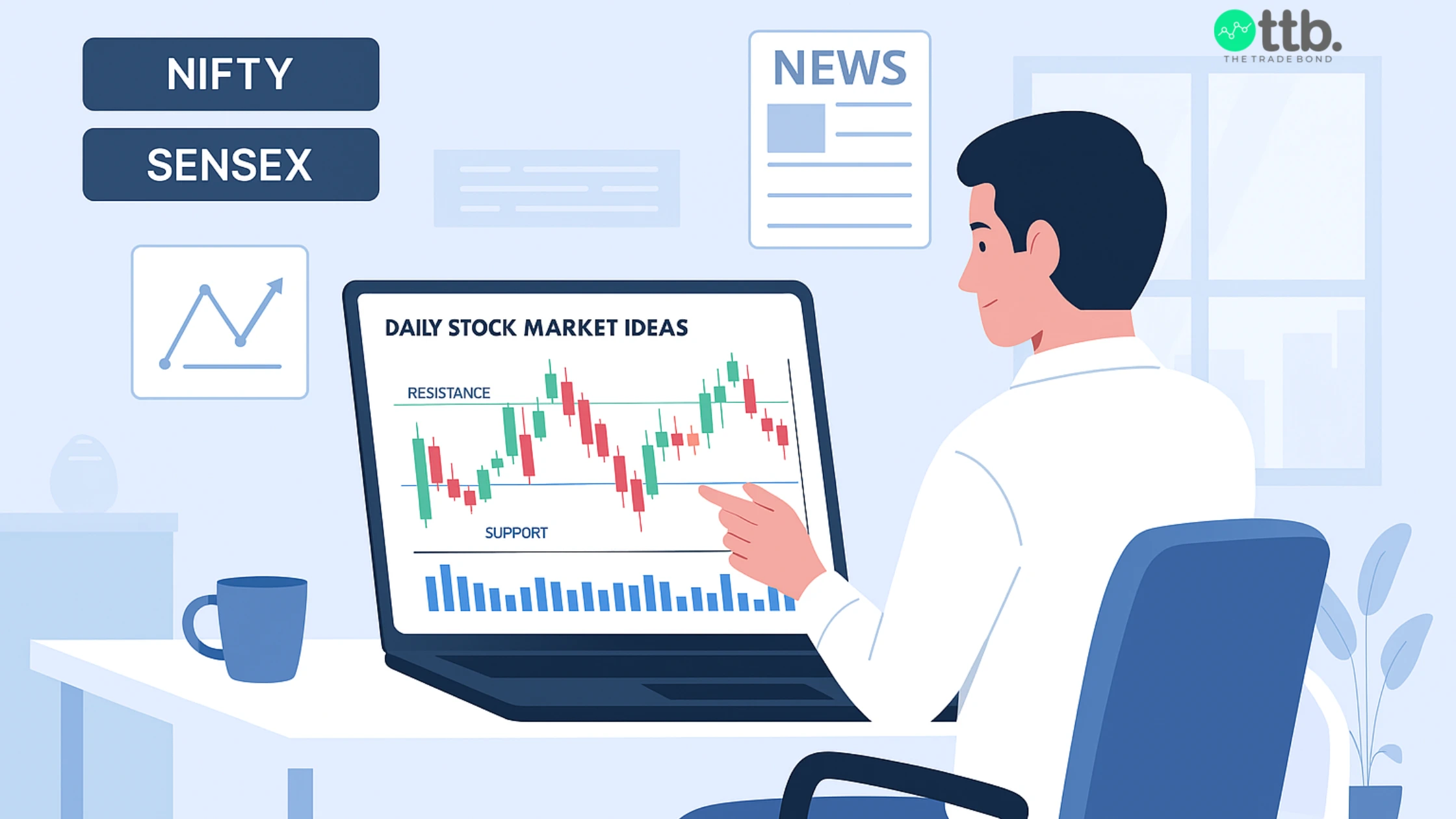 Trader reviewing daily stock market ideas and Nifty charts before trading in the Indian stock market.