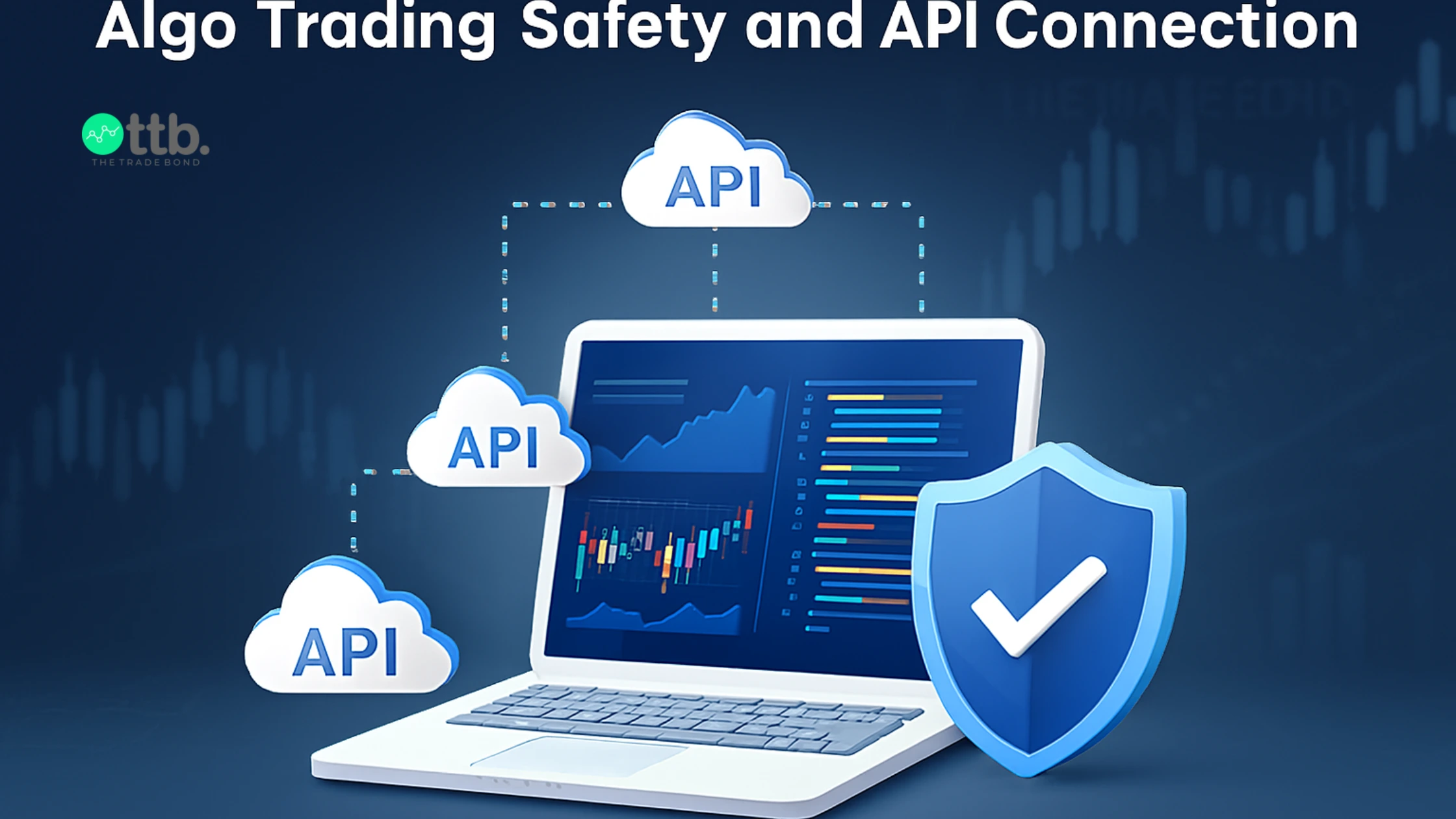 Secure algo trading with API links, charts, and shield icon showing data safety by The Trade Bon