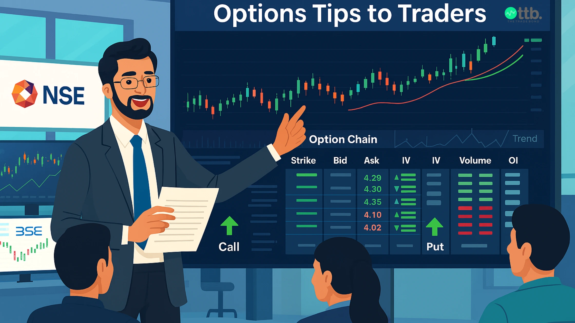 Stock market analyst presenting stock option tips using digital charts and market trend analysis.