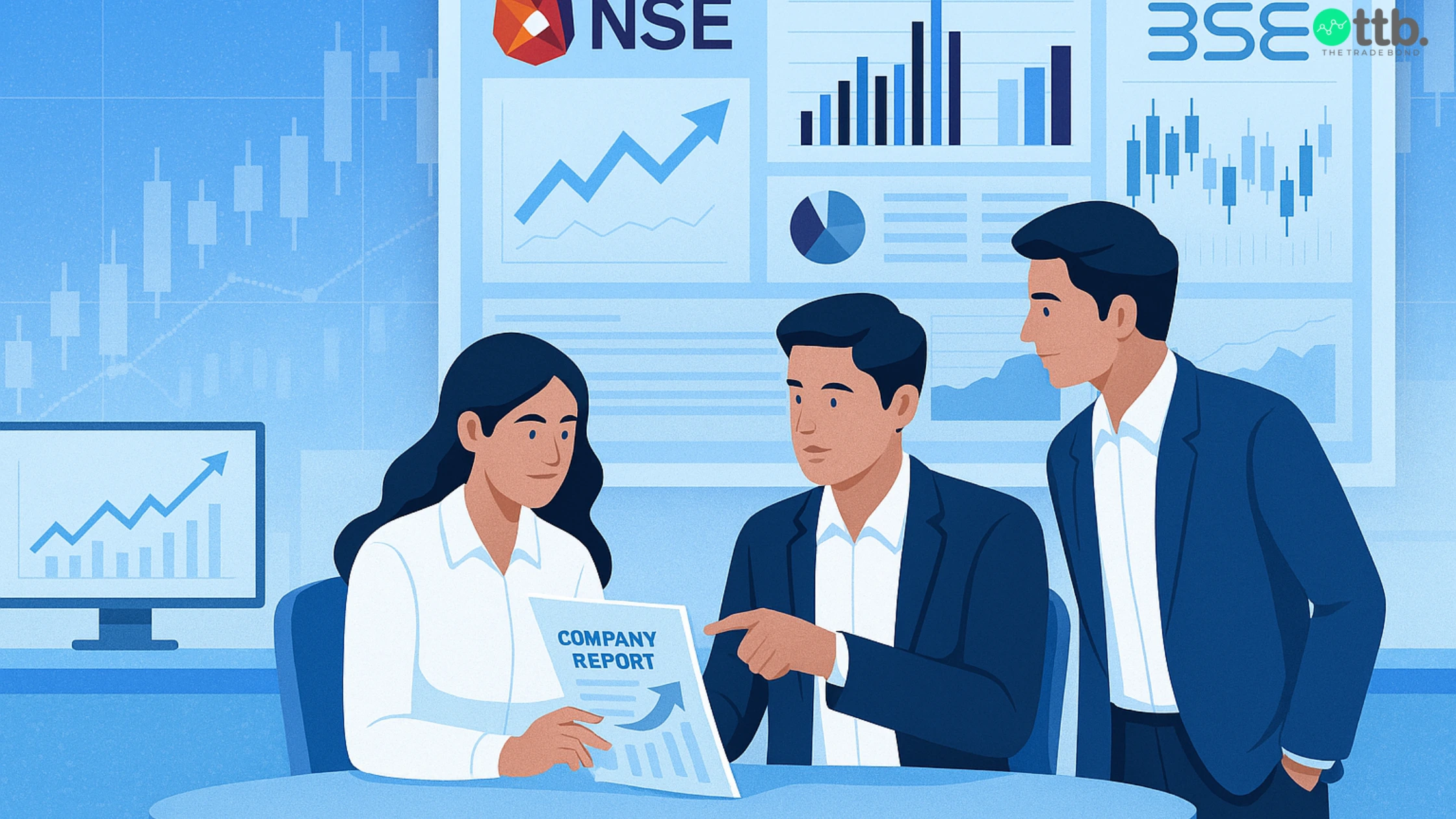 Equity research analysts in India studying market reports and financial charts.