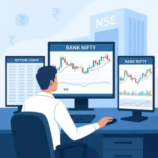 Trader analyzing Bank Nifty charts and option data to generate Bank Nifty calls ideas.