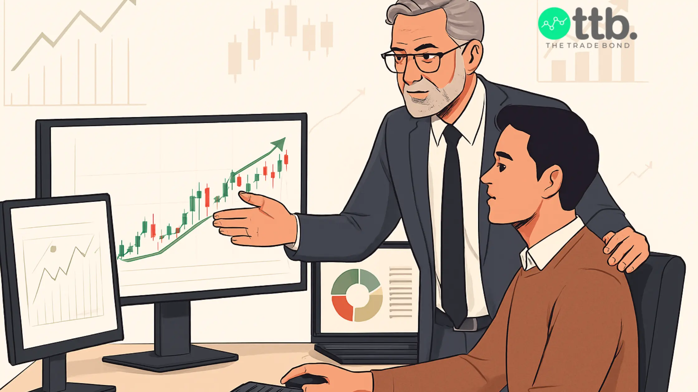 Expert stock market advisor mentoring a new trader using charts and screens to build trading discipline.
