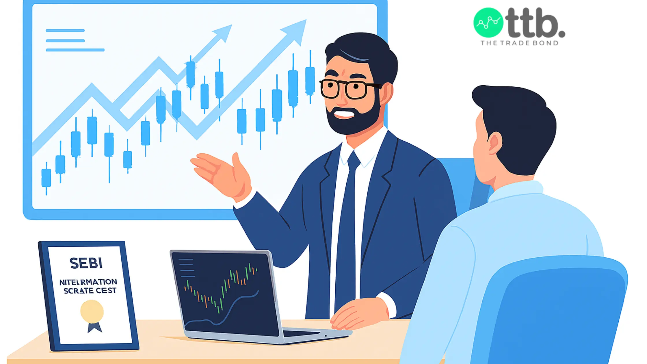 Trusted stock market advisor guiding investor with charts and SEBI registration certificate.