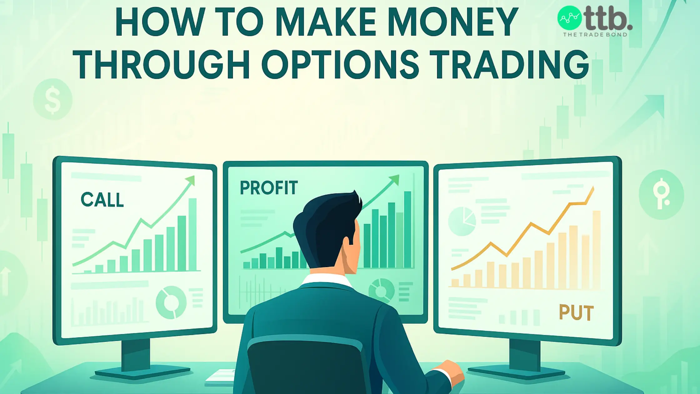Trader analyzing option charts and profit graphs showing how to make money in options.