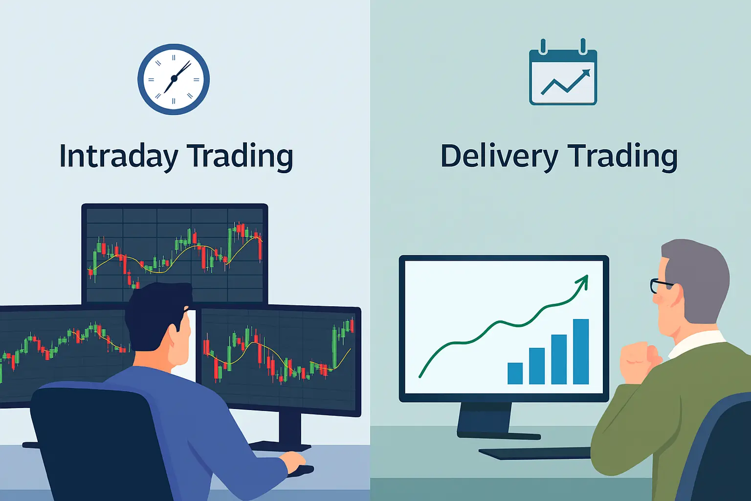 Comparison of intraday and delivery trading showing short-term and long-term market strategies.
