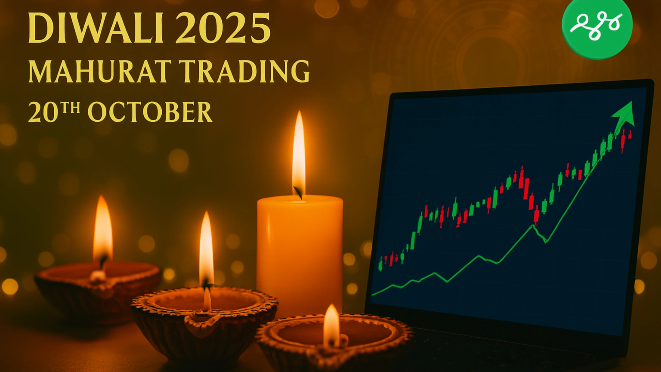 Diwali 2025 Mahurat Trading with festive stock market chart and glowing diyas.