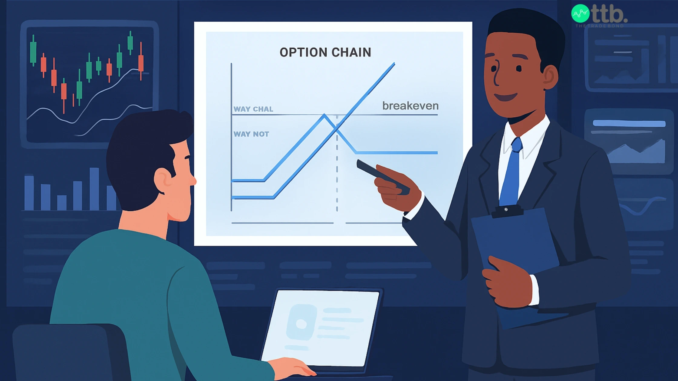 Advisor explaining option trading insights using charts at a professional advisory service office.
