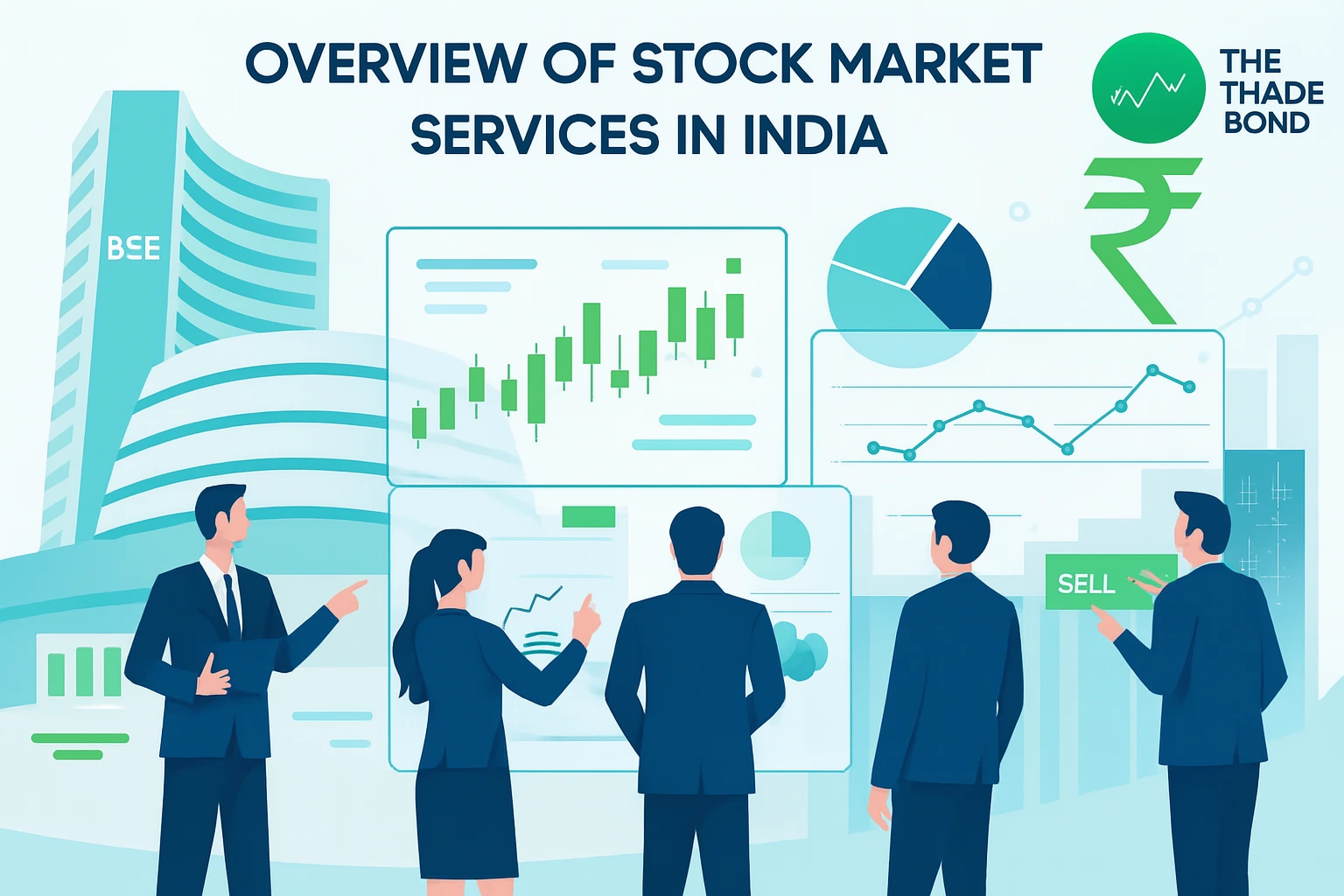 Professionals analyzing stock charts showing overview of stock market services in India.