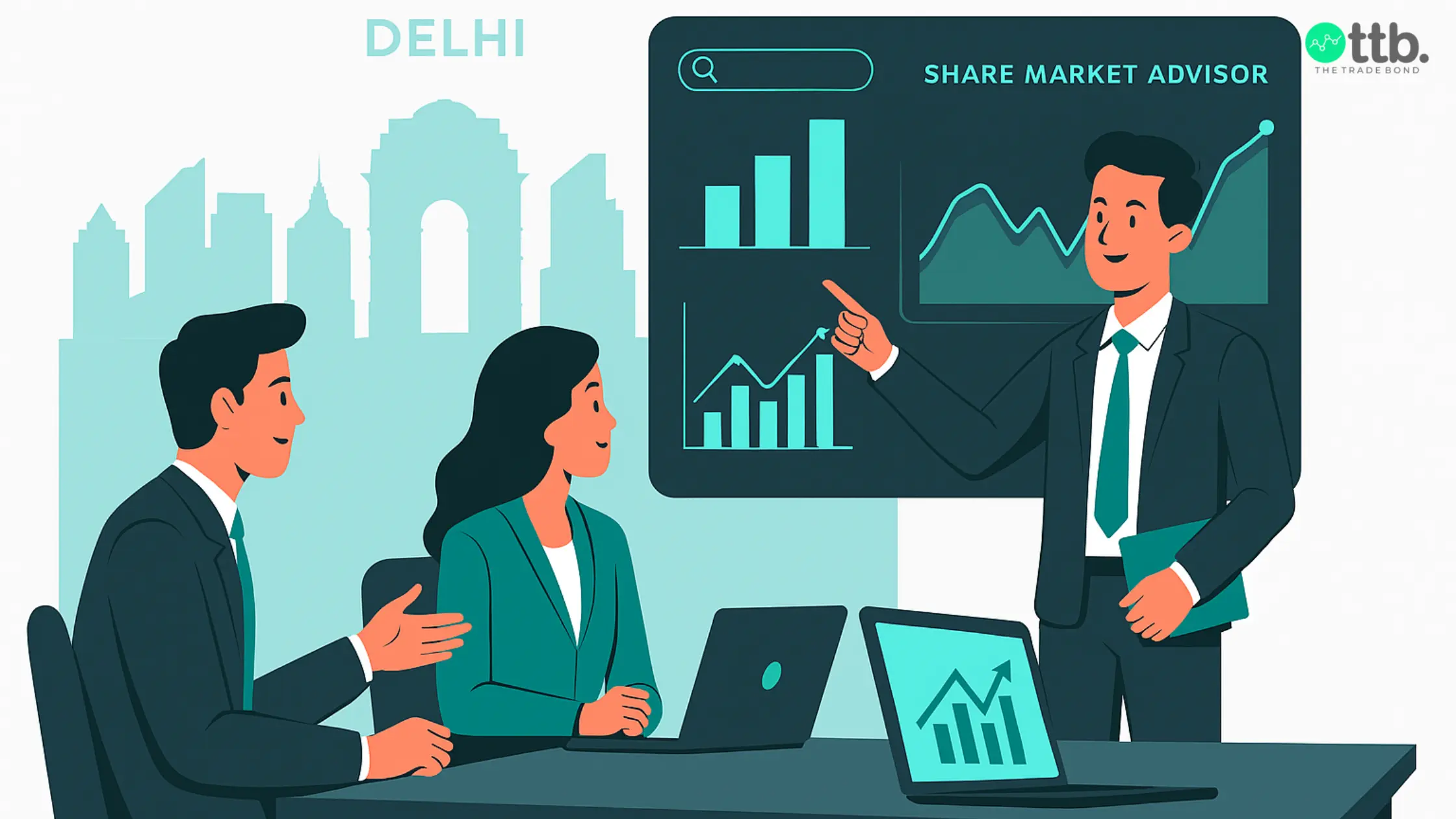 Share market advisor in Delhi guiding investors with data insights at The Trade Bond.