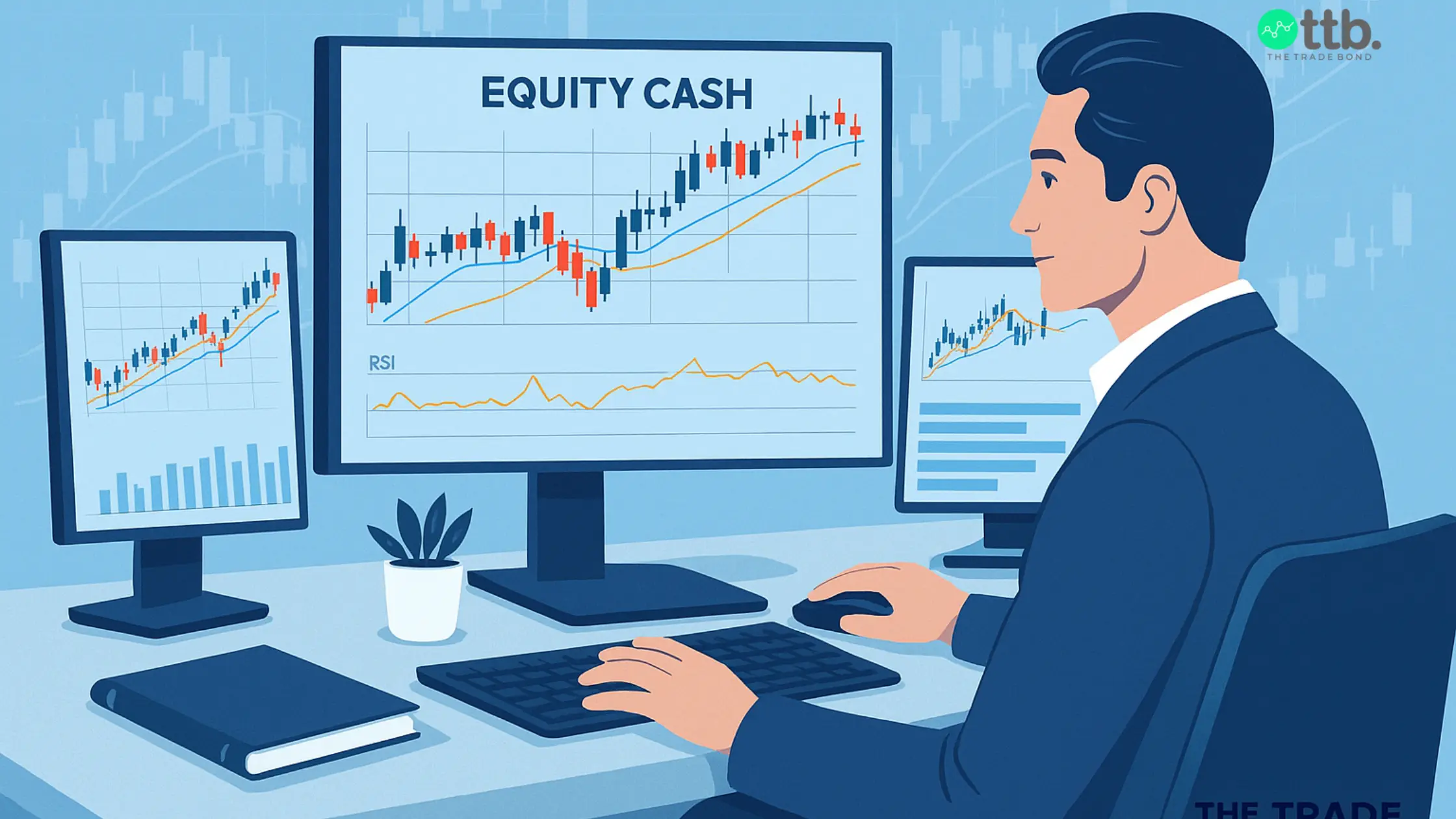 Trader studying charts for technical analysis in equity cash using RSI and moving averages.