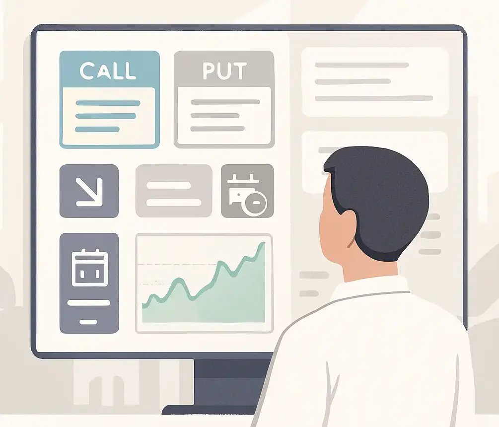 Trader studying call, put, strike price, and expiry date to understand options trading.