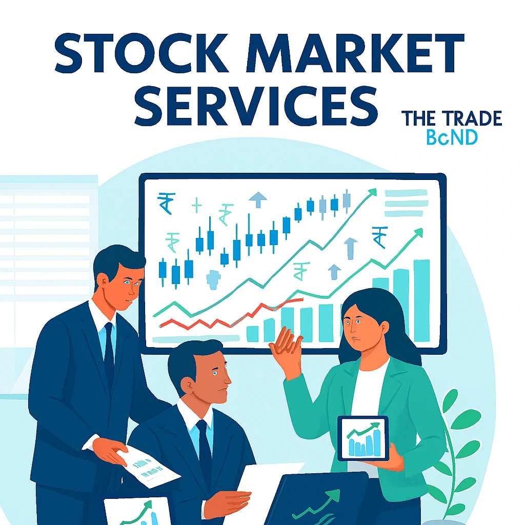 Financial advisors explaining what are stock market services with charts and reports.
