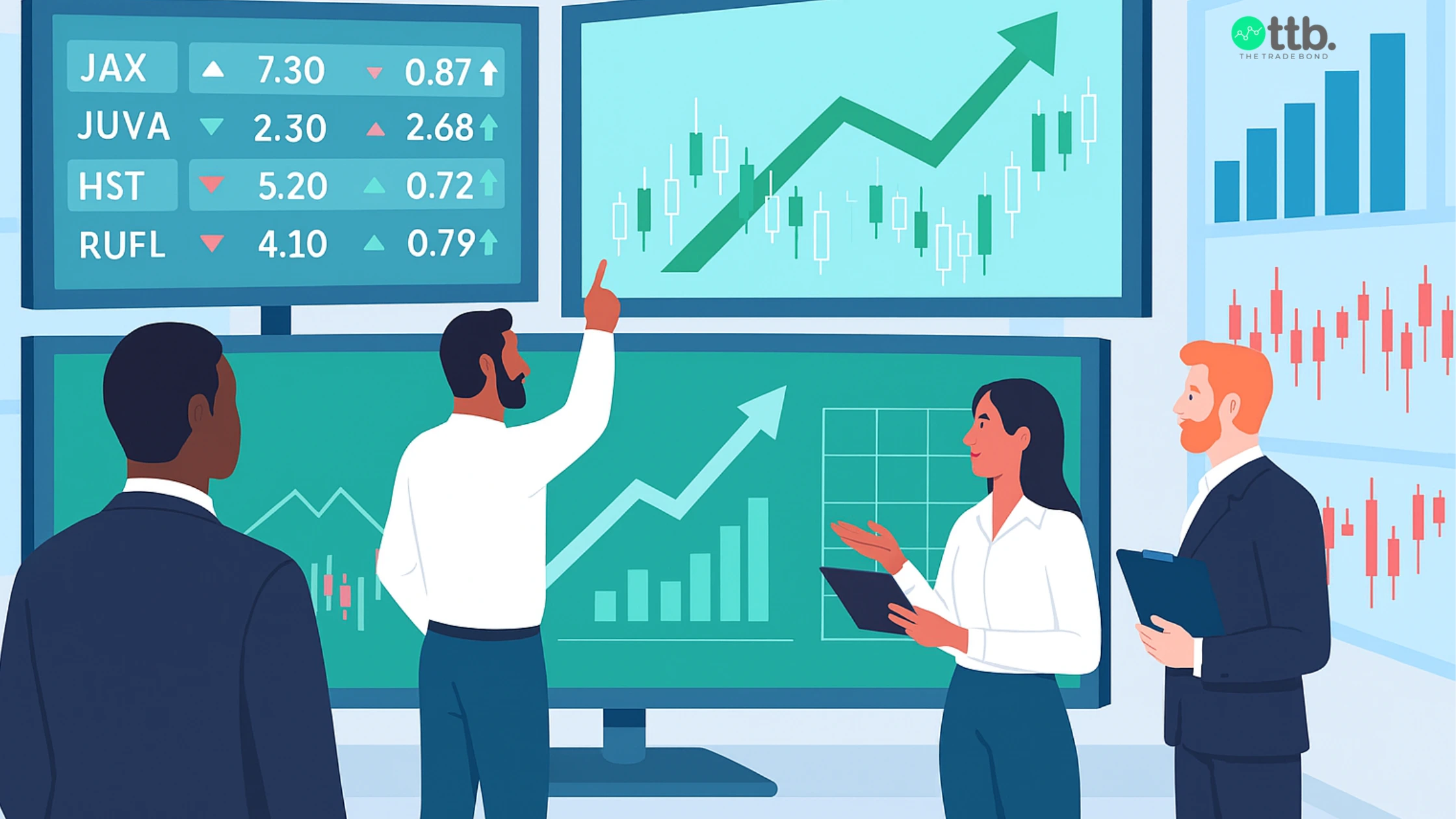 Investors and analysts studying stock charts and share prices to understand the share market.