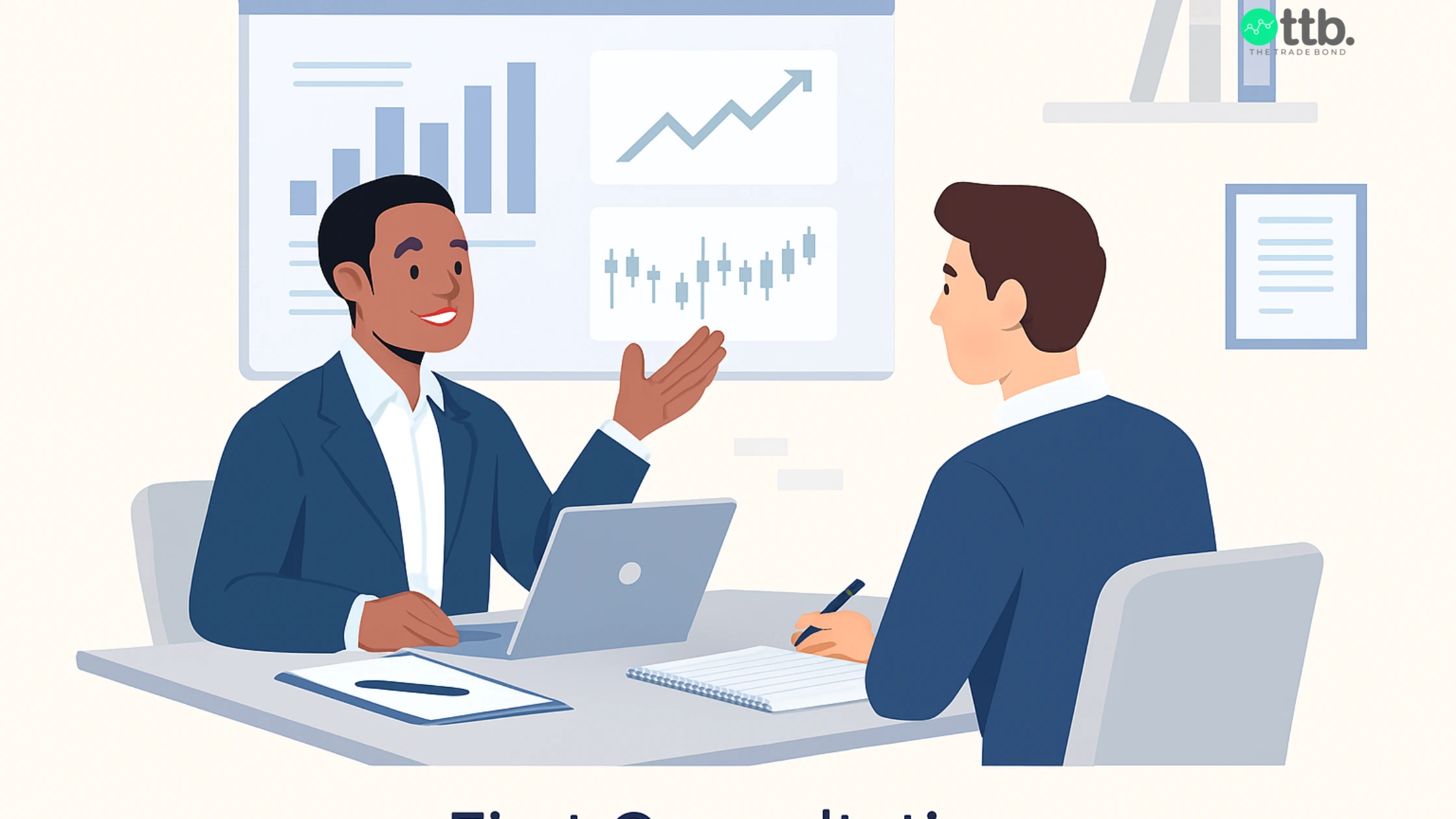 Share market advisor discussing goals and market insights with a client in a consultation.