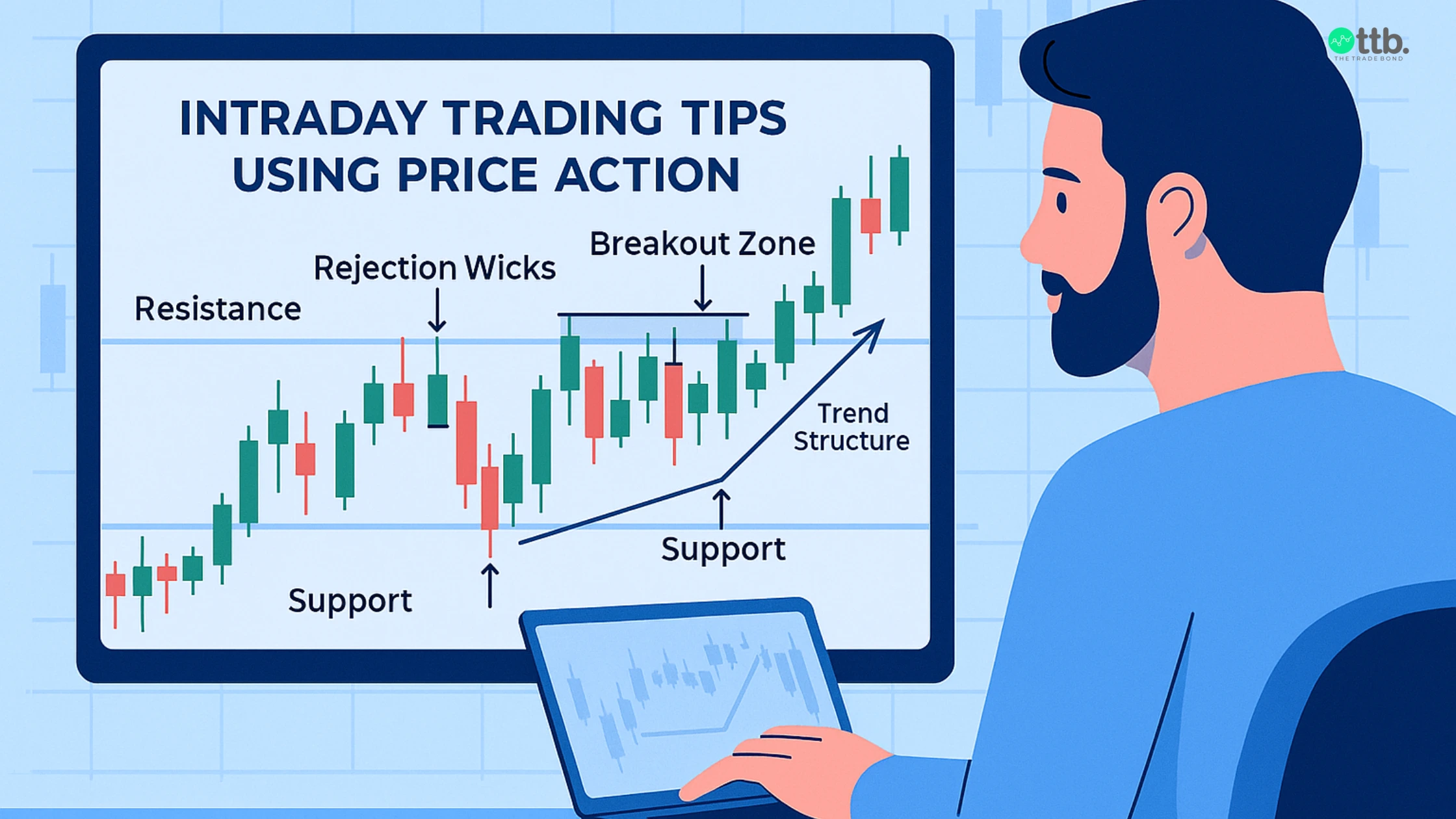 Price action intraday chart with candlesticks, support, resistance, and trend signals.