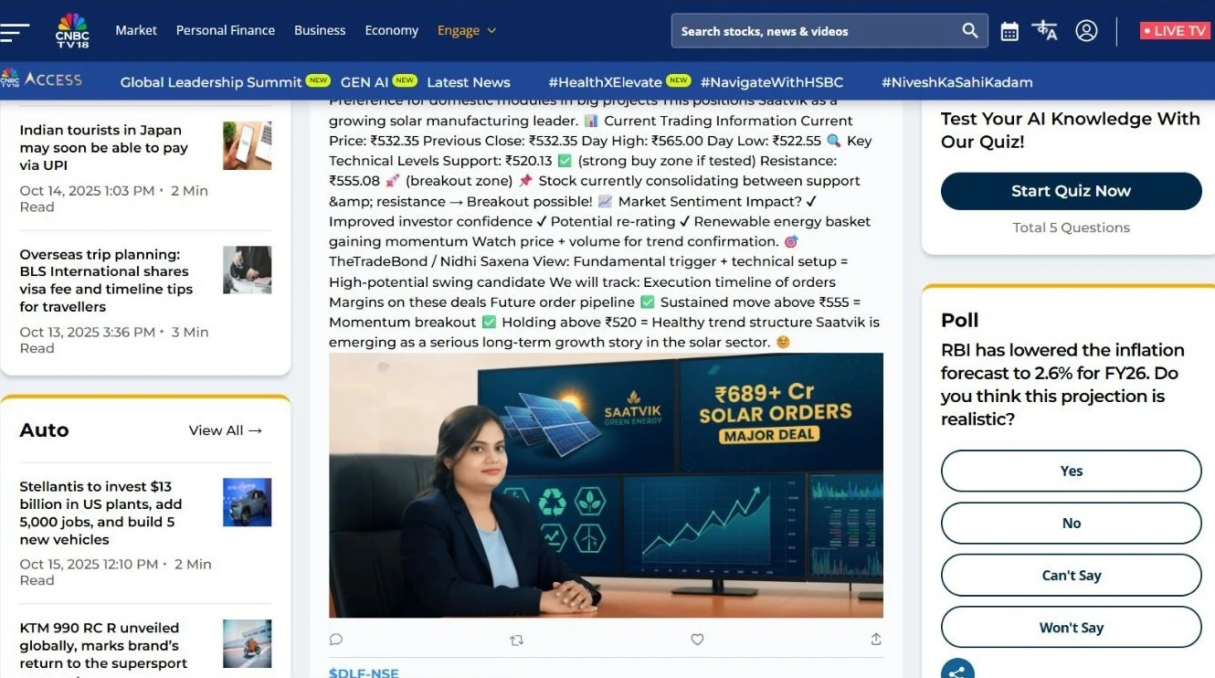 The Trade Bond featured on CNBC discussing Saatvik ₹689+ Cr solar order and market outlook.