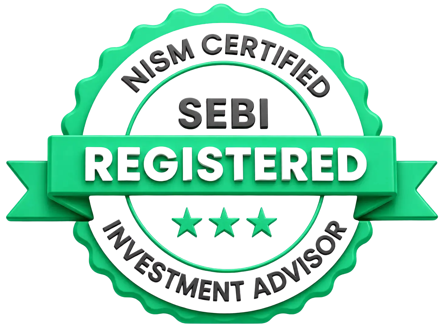 Green and white circular badge for SEBI Registered Investment Advisor with NISM certification